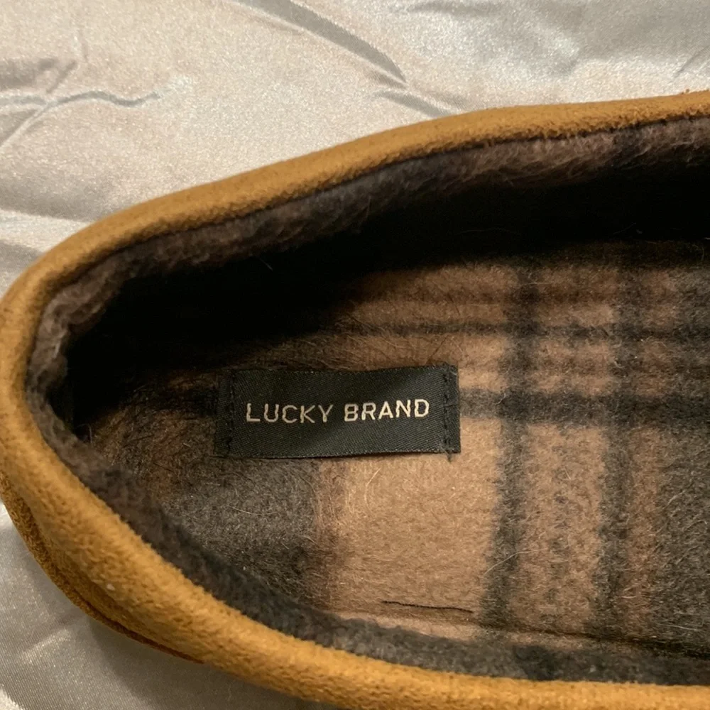 🌹 LUCKY BRAND • Brown Faux Suede WARM COZY MENS SLIP ON LOUNGE HOUSE SHOES •